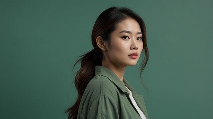 Fototapeta premium Pretty Asian woman in plain green background, side view and wears casual outfit