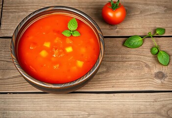 A rustic bowl of vibrant homemade tomato soup sits on a weathered wooden table,  simple,  rustic