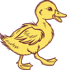 Vector art of a cute yellow duckling with its mouth open, walking with its legs outstretched, in a simple cartoon style with a dark outline