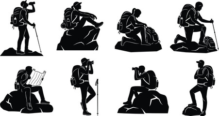 Silhouette collection of hikers with backpacks sitting on rocks, drinking water, exploring nature, adventure trekking vector illustration for outdoor design