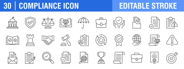 Collection of compliance icons. Government, standards, law, requirements. Vector design template, signs, symbols, editable stroke.