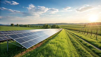 Solar panels gleam in a green field at sunset. Clean energy concept for presentations, posters, and branding.