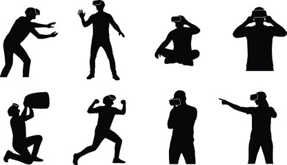 Silhouette collection of people wearing virtual reality headset, gaming and exploring VR technology with different poses vector illustration for design