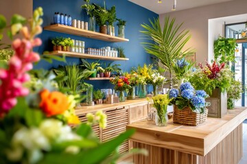 Obraz premium Comptoir de fleurs coloridas y vegetación exuberante en un establecimiento acogedor