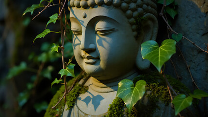 A beautiful stone Buddha statue with a gentle smile, partially overgrown with ivy, suggesting a peaceful coexistence with nature.