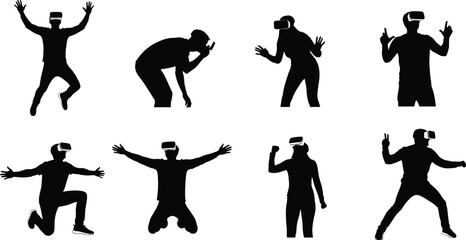 Silhouette collection of people wearing virtual reality headset, gaming and exploring VR technology with different poses vector illustration for design