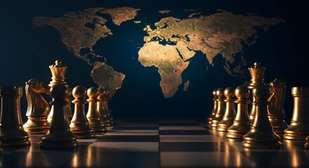 Global Chess Strategy: Golden Chess Pieces on a World Map Background