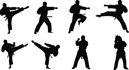 Silhouette vector illustration of martial arts karate fighters performing kicks, punches, and defense poses for sports, training, and fitness design