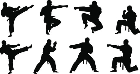 Silhouette vector illustration of martial arts karate fighters performing kicks, punches, and defense poses for sports, training, and fitness design
