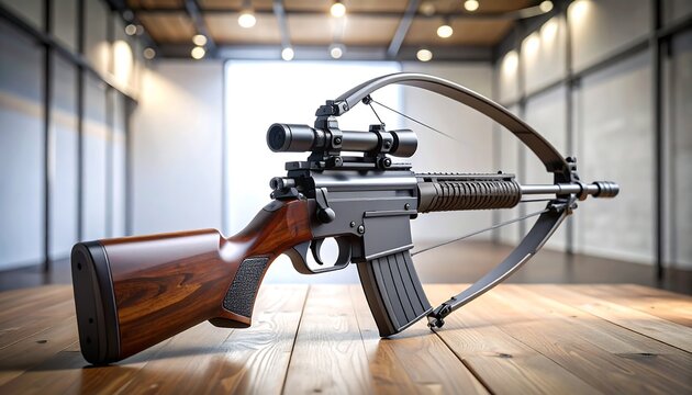 A unique hybrid weapon combining a rifle and a crossbow.