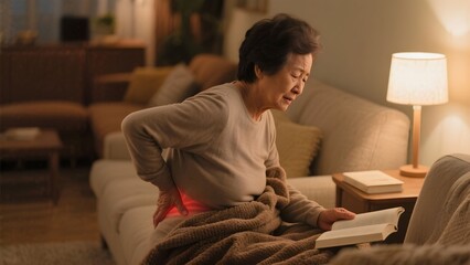 허리통증을겪는노인여성의독서시간