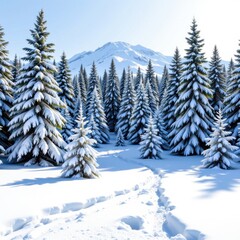 Serene winter landscape of snow-covered evergreen pine trees in a forest with mountain background under clear blue sky du daytime