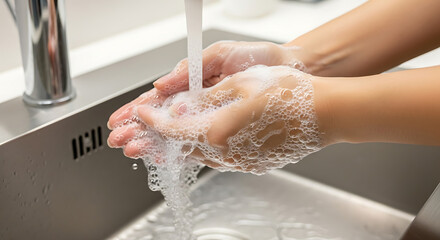 Practicing personal hygiene by carefully washing hands with soap lather under a stream of clean water in a sink