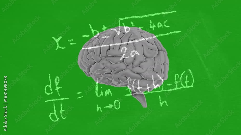 Poster animation of rotating brain and math formulas on green background