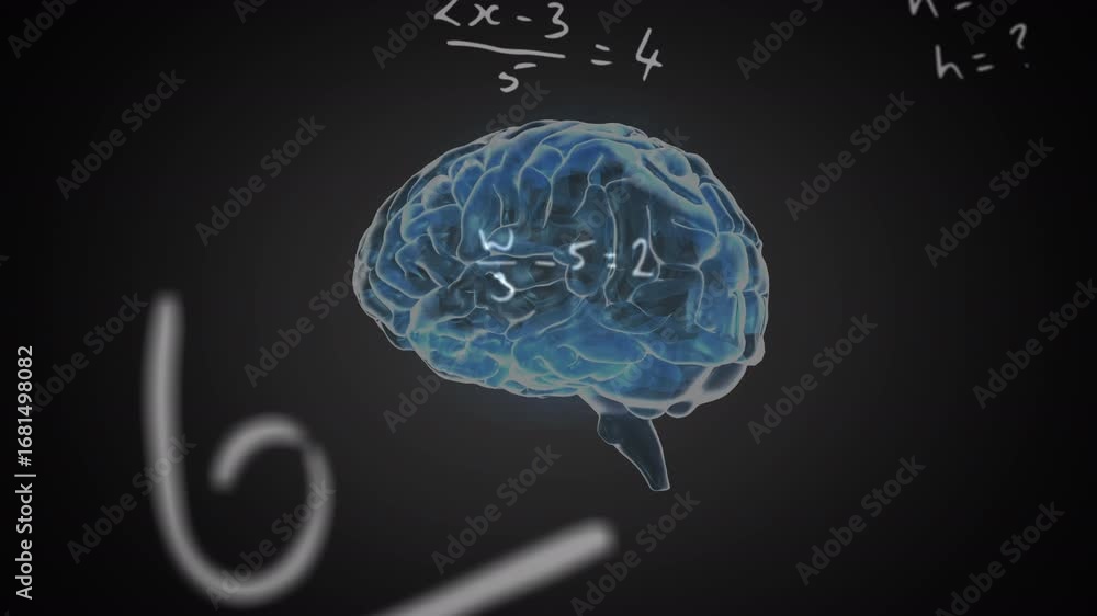 Aufkleber animation of rotating brain and math formulas on black background