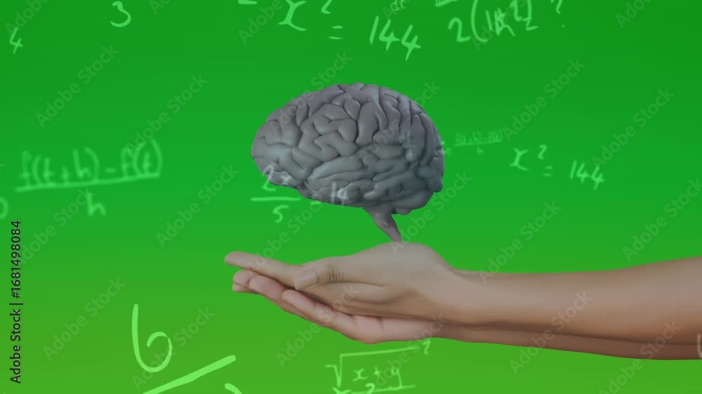 Poster animation of rotating brain and math formulas on green background with woman hand
