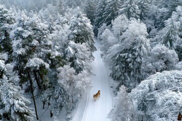 Lone Dog Walks Snowy Path Through Winter Forest