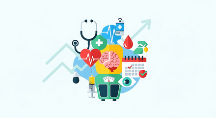 A comprehensive digital illustration of healthcare and medical icons representing modern wellness, insurance, and diagnostics on a rising graph background