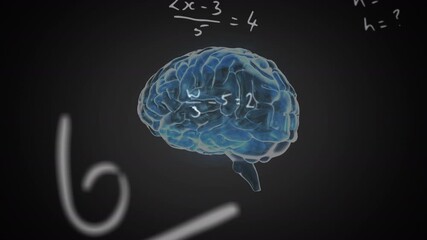Animation of rotating brain and math formulas on black background - Powered by Adobe
