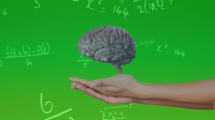 Animation of rotating brain and math formulas on green background with woman hand - Powered by Adobe