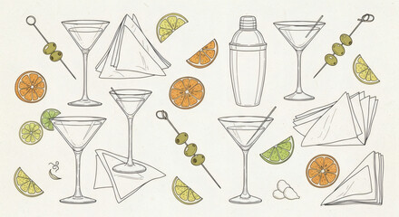 Set of hand drawn sophisticated illustrations of a cocktail bar. Doodle drawings of martini glasses, shakers, citrus slices, cocktail picks with olives, and elegant napkins