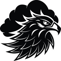 Obraz premium Vector art of stylized black and white graphic of an eagles head with sharp, angular features and a cloudlike silhouette behind it, isolated on a