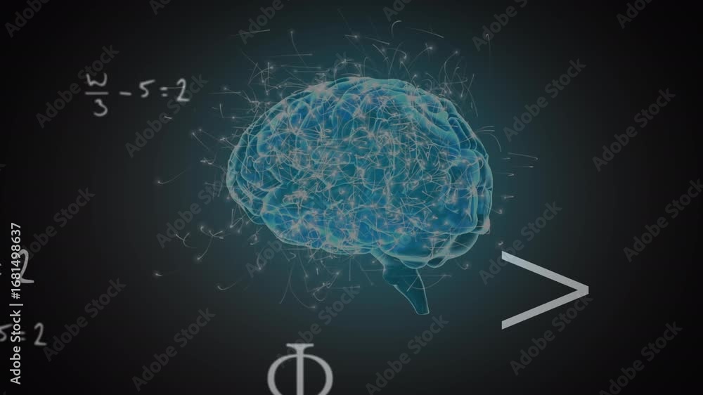 Aufkleber animation of rotating brain and math formulas on black background
