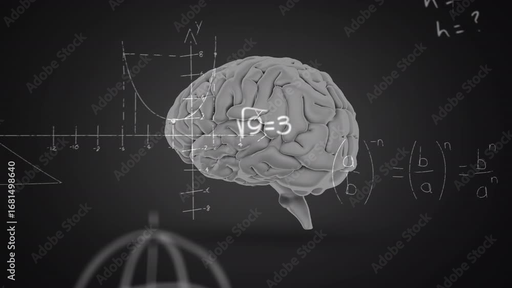 Aufkleber animation of rotating brain and math formulas on black background
