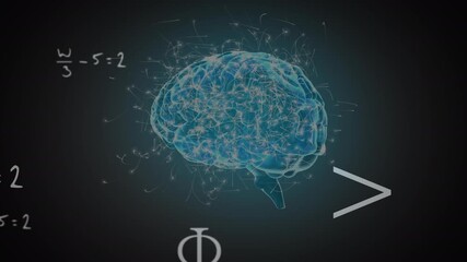 Animation of rotating brain and math formulas on black background - Powered by Adobe