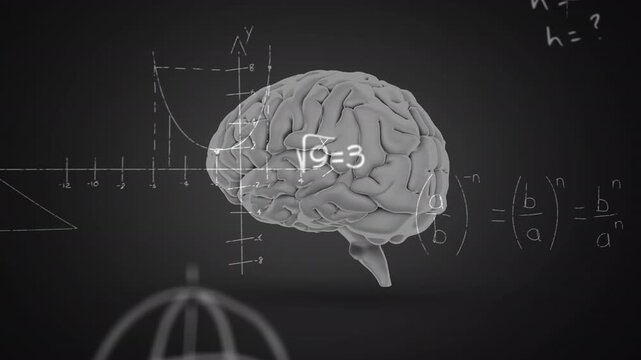 Animation of rotating brain and math formulas on black background