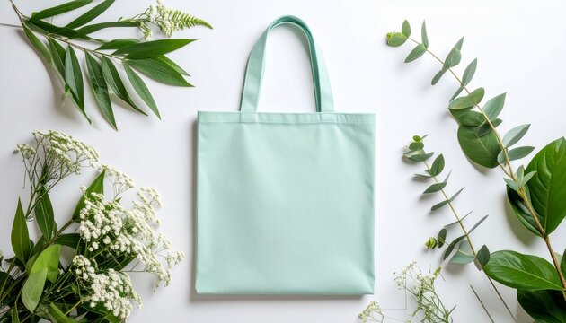 Eco-friendly light blue tote bag surrounded by lush green leaves and white flowers on a white background, perfect for sustainable shopping and everyday use