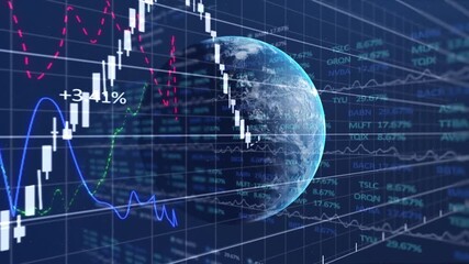 Animation of financial graphs and globe over navy background - Powered by Adobe