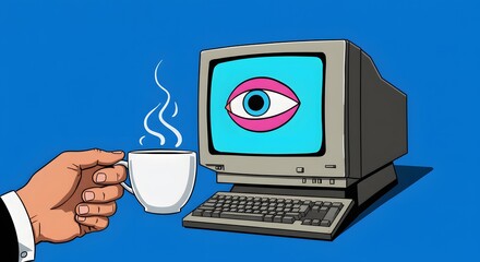 Man Holding Coffee Cup Near Retro Computer with Eye on Screen