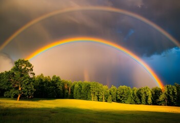 Naklejka premium Majestic Double Rainbow Arching Over Vibrant Green Landscape