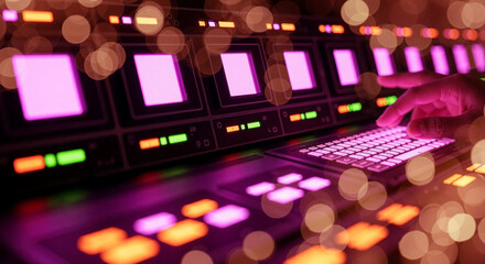 Human hand interacting with glowing digital control panel