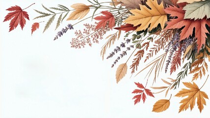 Elegant vintage autumn leaves with pastel flowers on white background