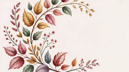 Elegant vintage autumn leaves with pastel flowers on white background