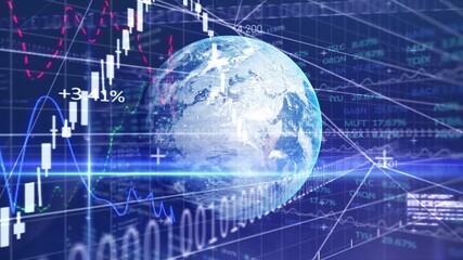 Animation of financial graphs and globe over navy background - Powered by Adobe