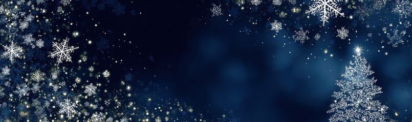 Obraz premium Snow-covered Christmas tree - Deep blue background with falling snowflakes - Winter holiday concept