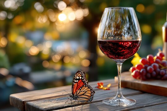 Glass of red wine and butterfly on wooden table outdoors
