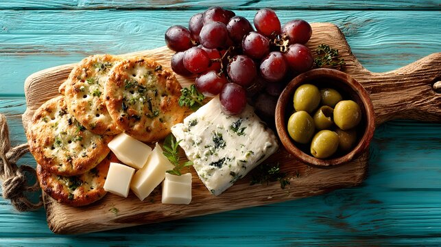 Delicious cheese board with crackers grapes and olives gourmet food photo
