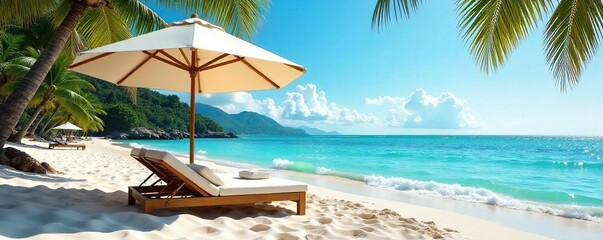 Obraz premium Relaxing beach scene with comfortable beds under a large beach umbrella, providing shade and comfort Perfect for summer vacation, relaxation, and tropical getaways , tropical, rest, paradise