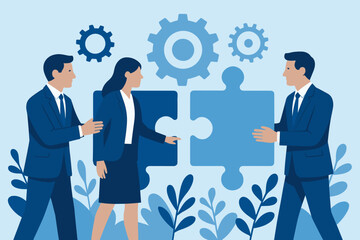 Team collaboration concept with business people connecting puzzle pieces in flat design