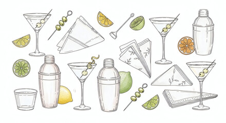 Set of hand drawn sophisticated illustrations of a cocktail bar. Doodle drawings of martini glasses, shakers, citrus slices, cocktail picks with olives, and elegant napkins