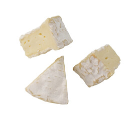fresh slices camembert cheese isolated on white background, top view