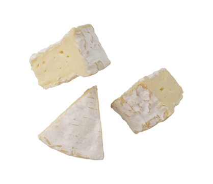 fresh slices camembert cheese isolated on white background, top view