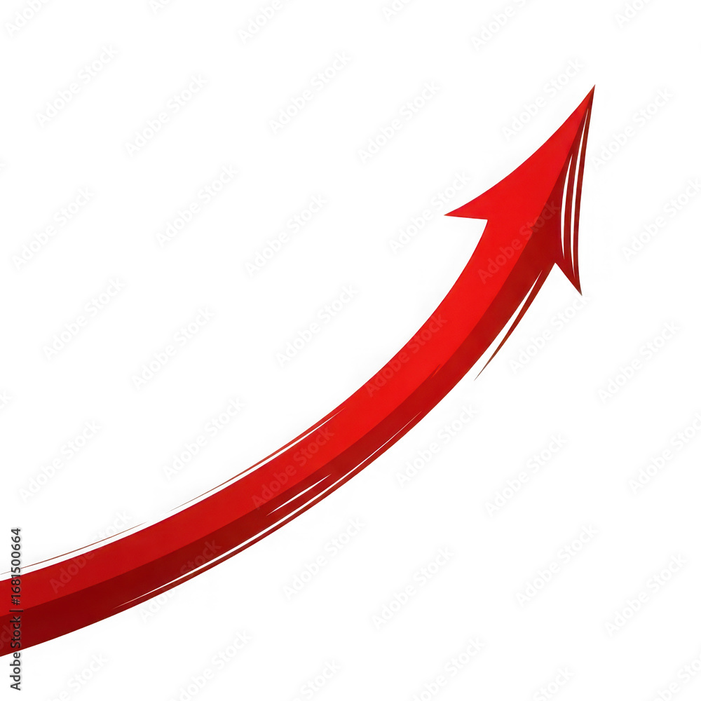 Poster red arrow with white streaks curving upwards on black background showing growth and success curve is