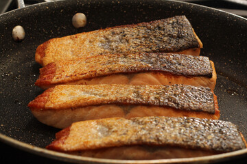 Closeup of Seared Salmon Fillets Skin Side Up