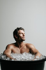 Portrait of mature man with grey hair sitting in ice bath pod, practicing cold plunge therapy for strength, recovery, and relaxation, perfect for health, biohacking, and sports wellness projects.