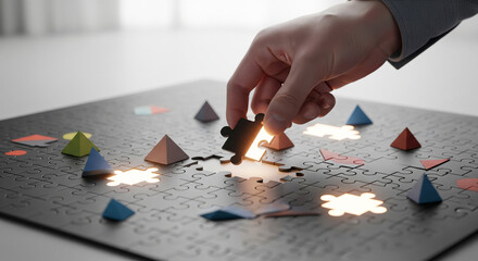 A striking, symbolic image of a person’s hand confidently placing the final piece of a complex puzzle. The puzzle is composed of different,